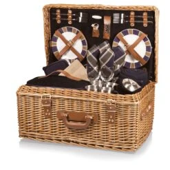 Windsor Luxury Picnic Basket – Handwoven Wicker & Navy Plaid – 4-Person Service Set -Campmor Outdoor Clothing 52029861e6252e861b7d65f8e978e3f580cdea1c