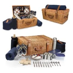 Windsor Luxury Picnic Basket – Handwoven Wicker & Navy Plaid – 4-Person Service Set -Campmor Outdoor Clothing 573f2351b83f4b5583699d0d55fcf460abb9104e