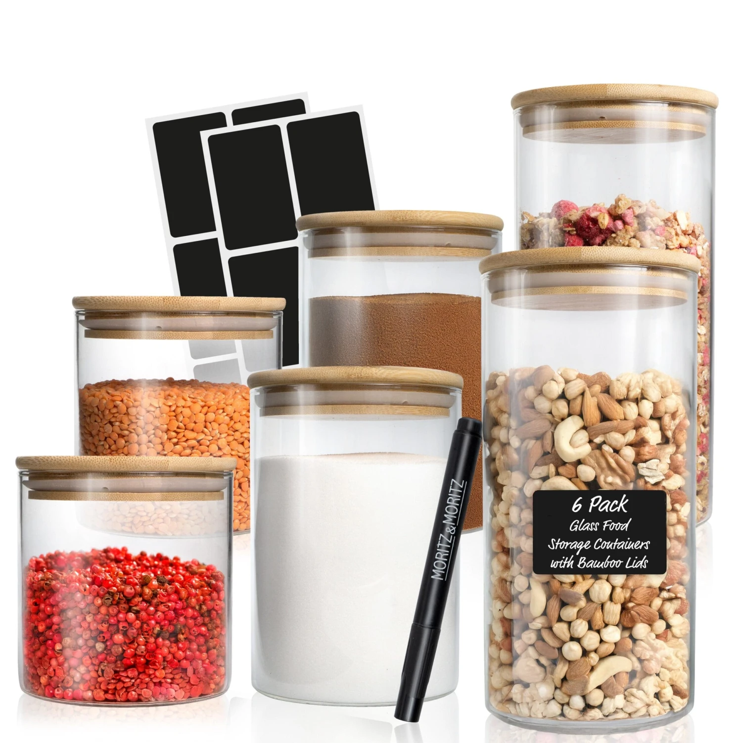6 Glass Storage Jars With Lids, Includes Chalkboard Stickers And Chalk Pen By Moritz & Moritz 1 6 Glass Storage Jars With Lids, Includes Chalkboard Stickers And Chalk Pen By Moritz & Moritz