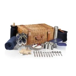 Windsor Luxury Picnic Basket – Handwoven Wicker & Navy Plaid – 4-Person Service Set -Campmor Outdoor Clothing 667d26b8b3940d66a00aa8da60775474e6bb015a