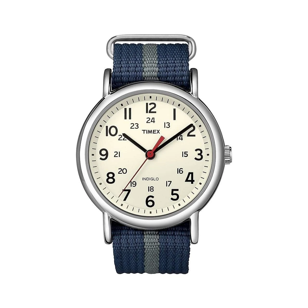 Timex Weekender 38mm Blue and Gray Striped Nylon Strap Watch – Silver-Tone Case White Dial Casual Timepiece 1 Timex Weekender 38mm Blue and Gray Striped Nylon Strap Watch – Silver-Tone Case White Dial Casual Timepiece