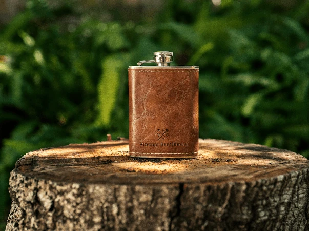 Vintage Gentlemen Dark Brown Leather Wrapped 6oz Stainless Steel Hip Flask with Embossed Logo 1 Vintage Gentlemen Dark Brown Leather Wrapped 6oz Stainless Steel Hip Flask with Embossed Logo
