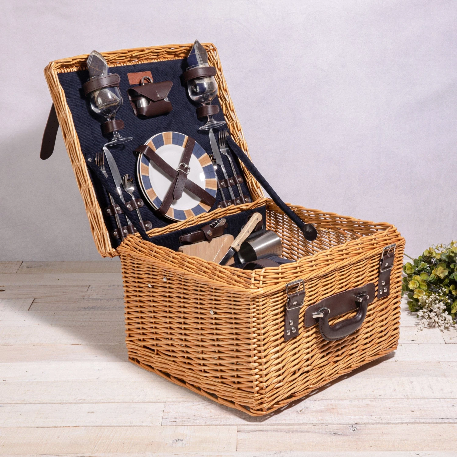Canterbury Deluxe Picnic Basket for 2 - Handwoven Willow Wicker Suitcase with Coffee & Wine Service 1 Canterbury Deluxe Picnic Basket for 2 - Handwoven Willow Wicker Suitcase with Coffee & Wine Service