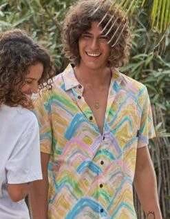 RAINBOW MOUNTAINS - 7-SEAS™ BUTTON UP By Bajallama 7 RAINBOW MOUNTAINS - 7-SEAS™ BUTTON UP By Bajallama -Campmor Outdoor Clothing rainbow gradient print short sleeve shirt